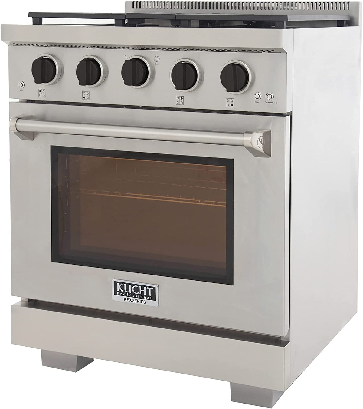 Stainless steel propane gas range with black knobs and oven door with handle
