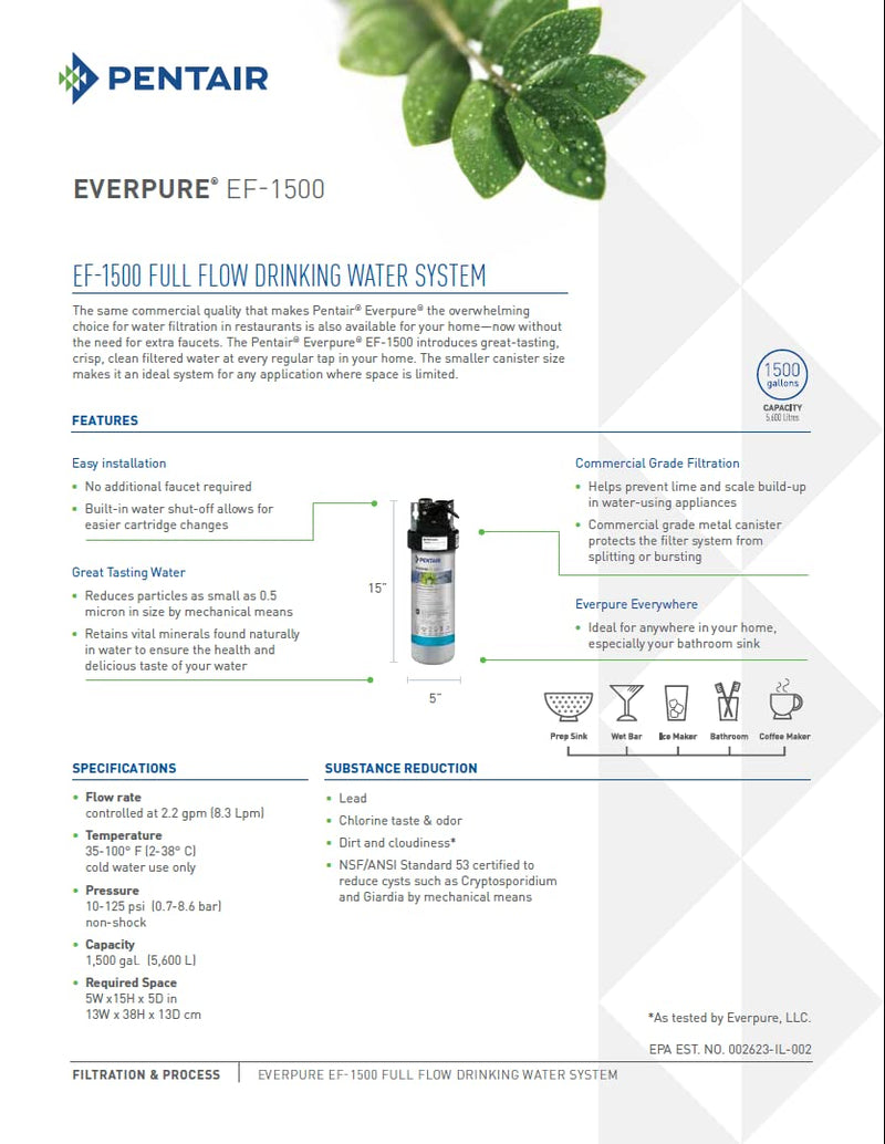 Pentair Everpure EF-1500 Full Flow Drinking Water System, EV985800, includes Filter Head, Filter Cartridge, All Hardware and Connectors, 1,500 Gallon Capacity, 0.5 Micron