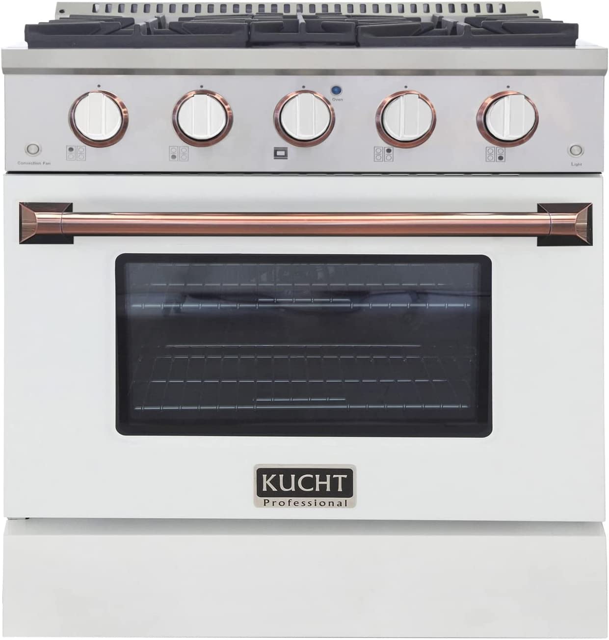 Kucht 30-inch propane gas range in white with white knobs and rose gold oven handle