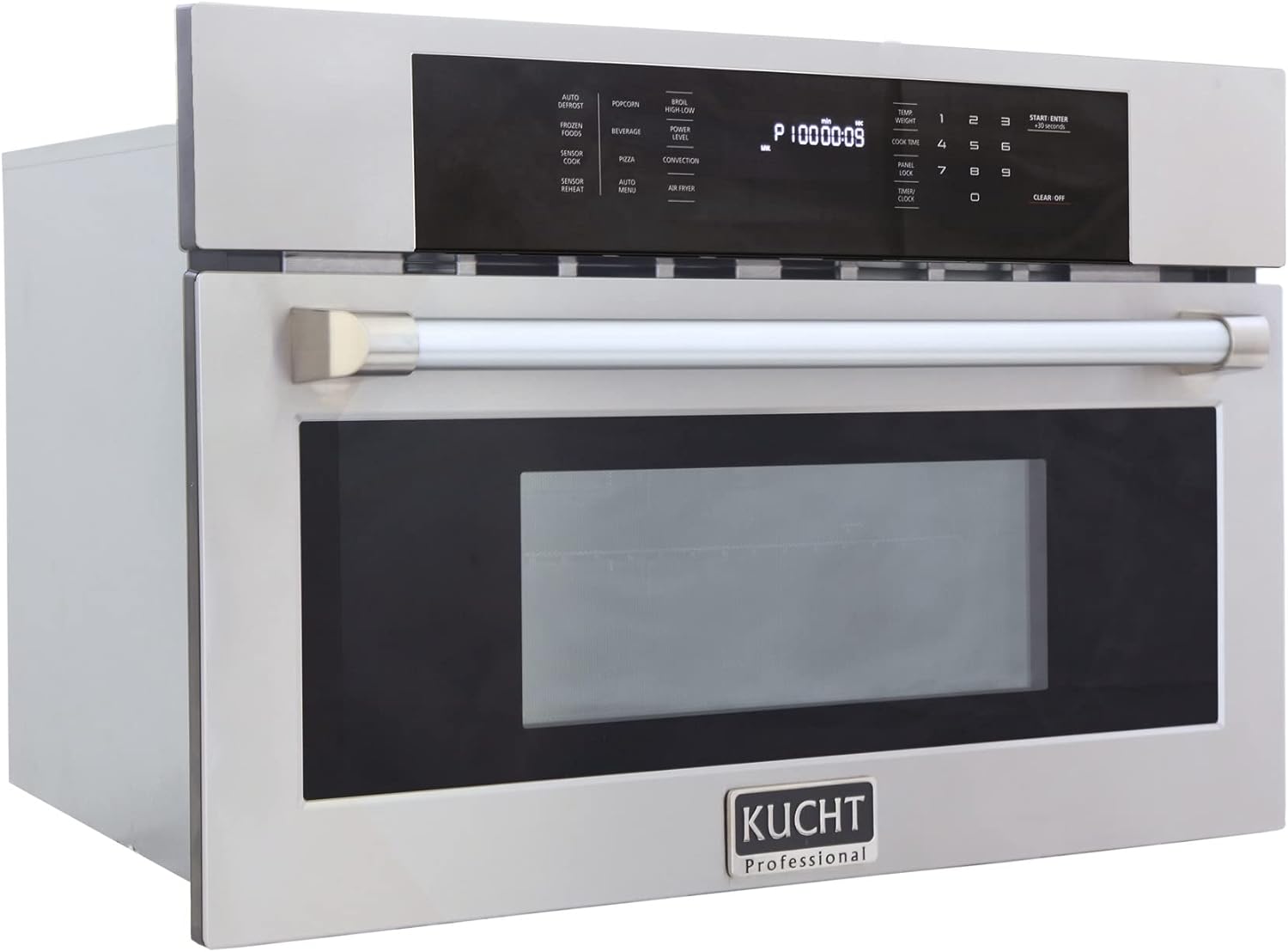 Built-in microwave wall oven, black glass front with side rails and top control panel