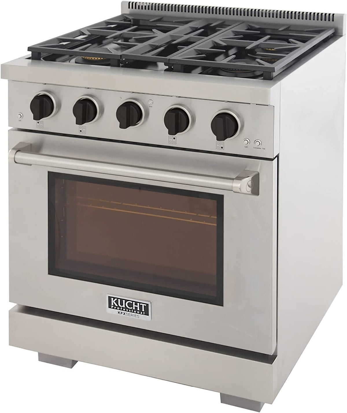 Stainless steel propane gas range with five burners, black knobs, and glass oven door