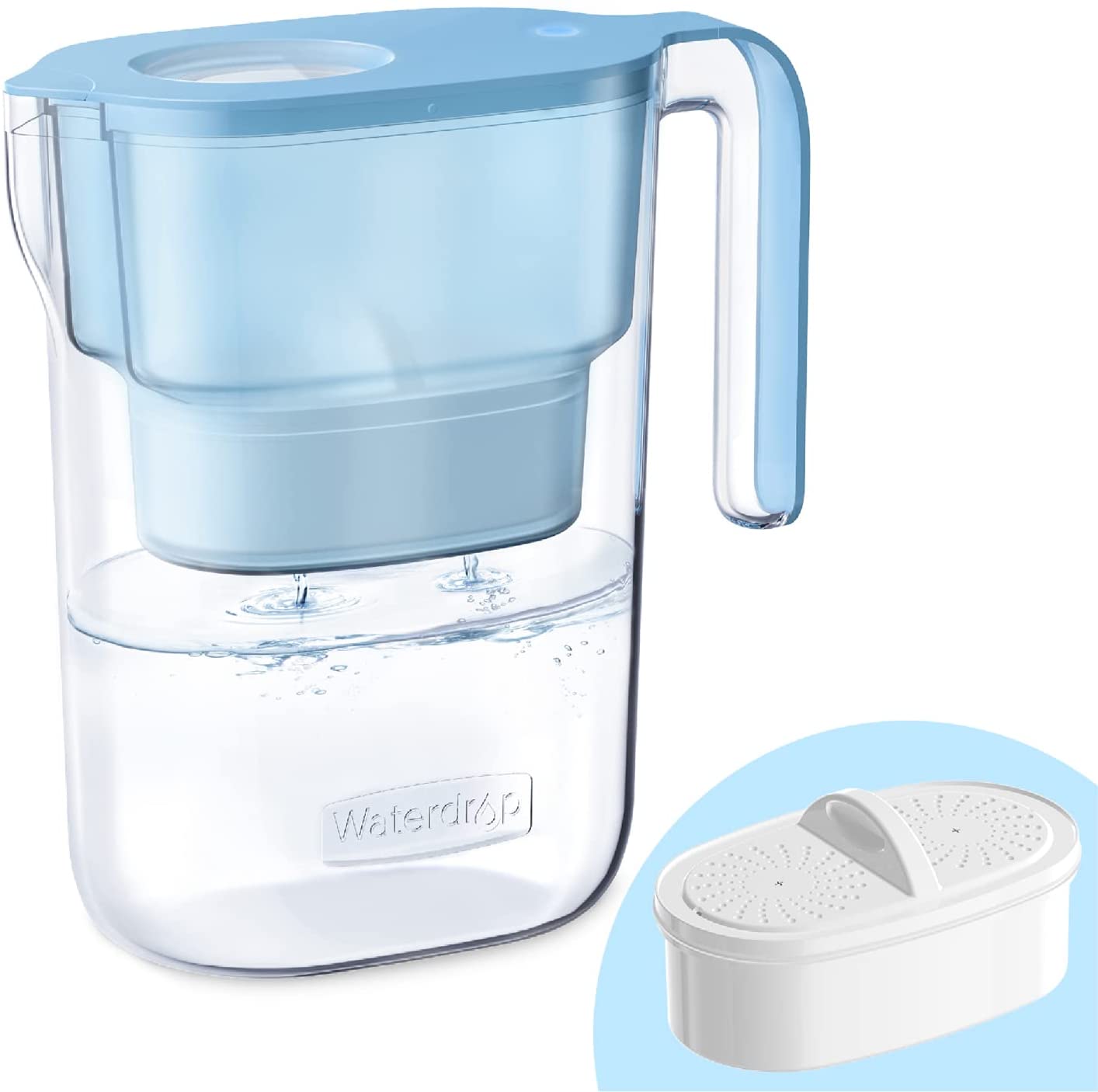 Sky blue water filter pitcher with white filter cartridge beside it