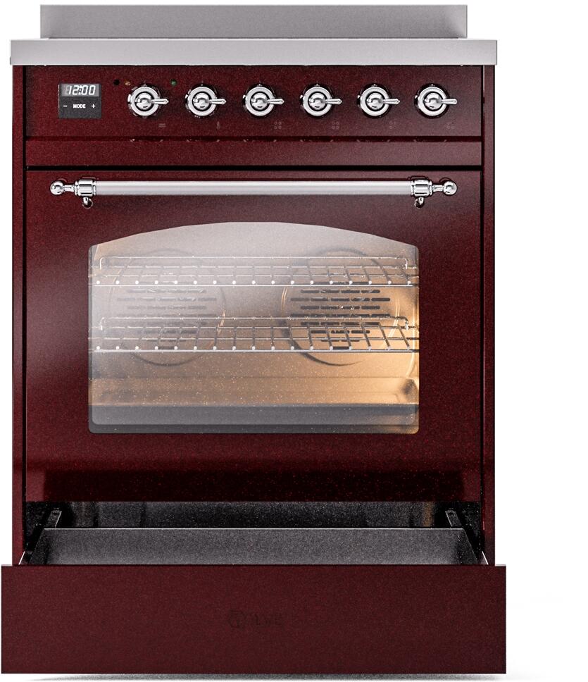 Burgundy freestanding induction range with oven door open and lower storage drawer