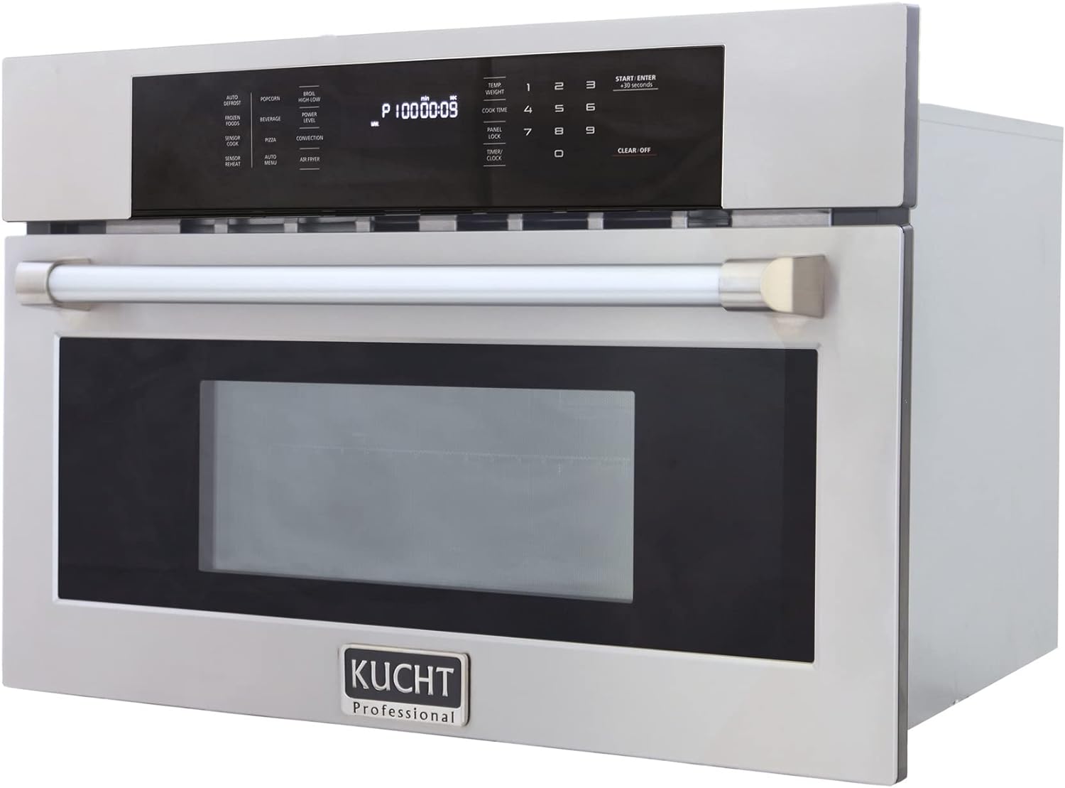 Built-in microwave wall oven, black glass door with handle bar and digital touch controls