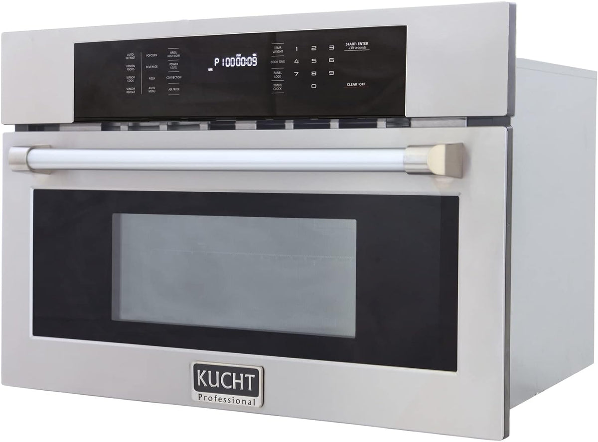 Stainless steel wall oven front view with black glass door window and top control panel.