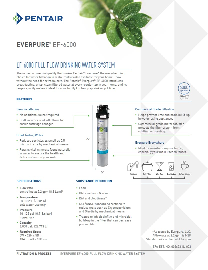 Pentair Everpure EF-6000 full-flow drinking water filter cartridge shown with diagrams