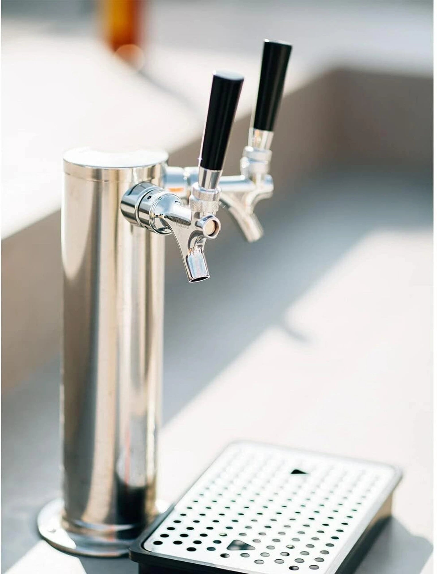 TrueFlame double keg tap with chrome faucet and two black flow handles