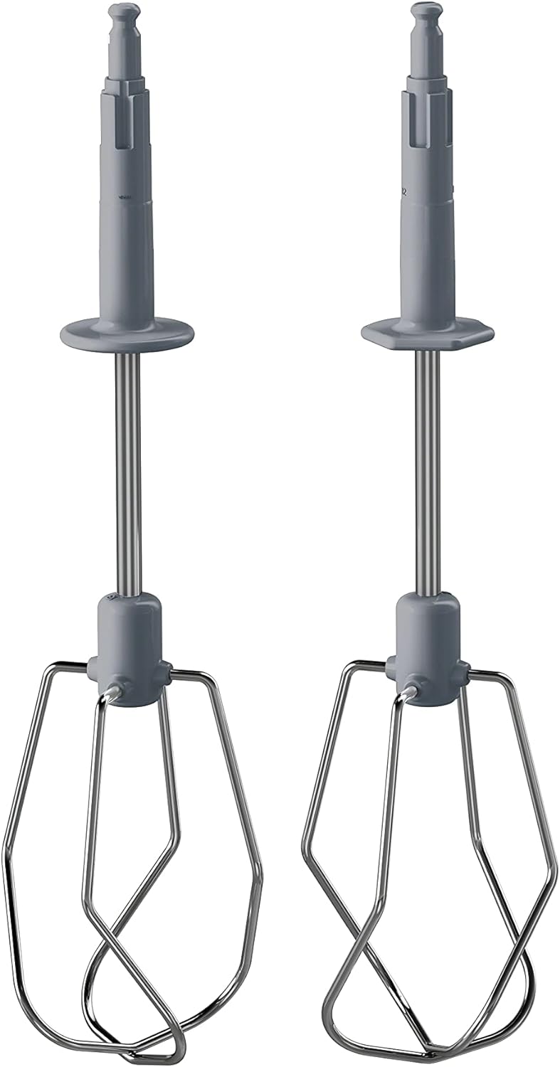 Gray dough hook attachments with wire loops for a hand mixer