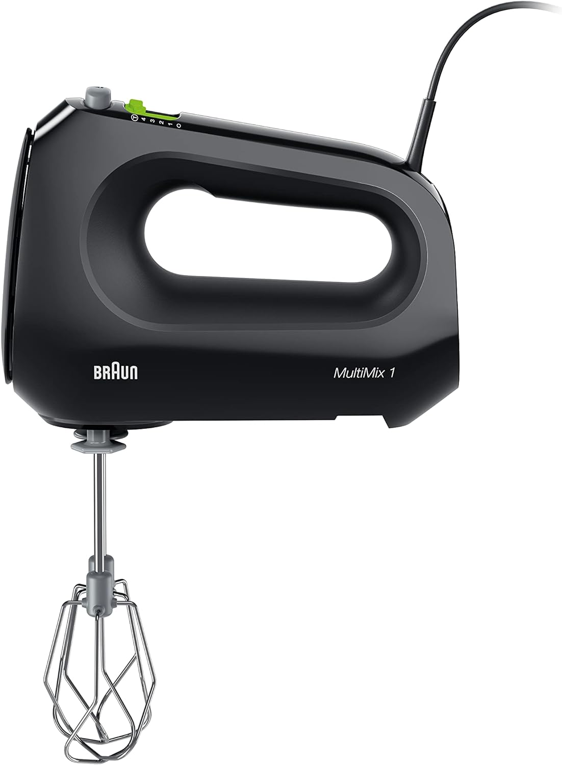 Black Braun MultiMix 1 hand mixer with beaters attached and power cord