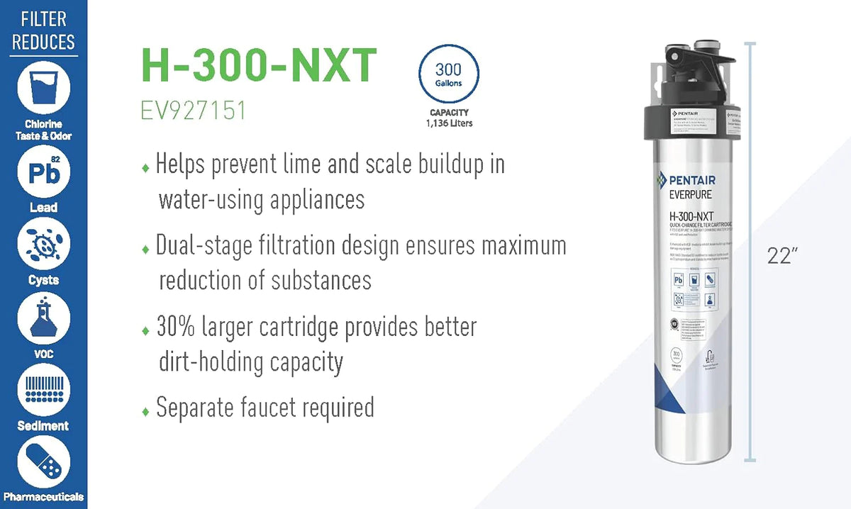 Everpure H-300-NXT filter cartridge spec sheet with 22 in size and feature bullets