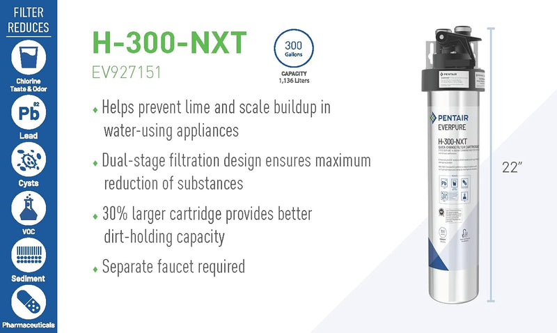 Pentair Everpure H-300-NXT Quick-Change Filter Cartridge, For Use in Everpure H-300 Drinking Water Systems, 300 Gallon Capacity, 0.5 Micron (EV927441)