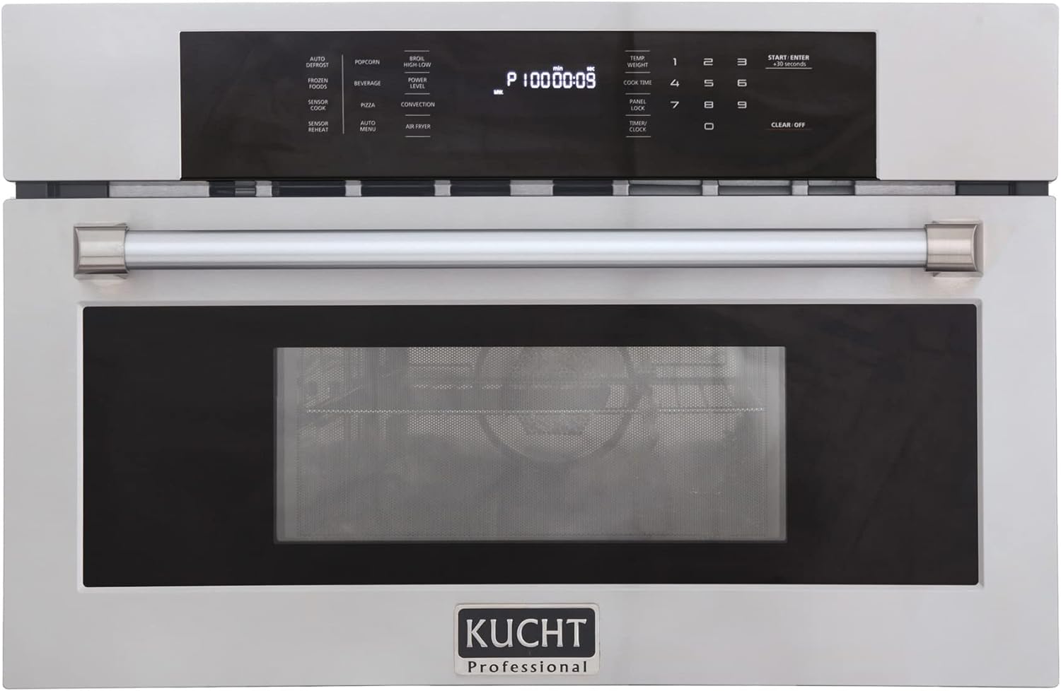 Built-in microwave wall oven front view, stainless handle bar and black display door