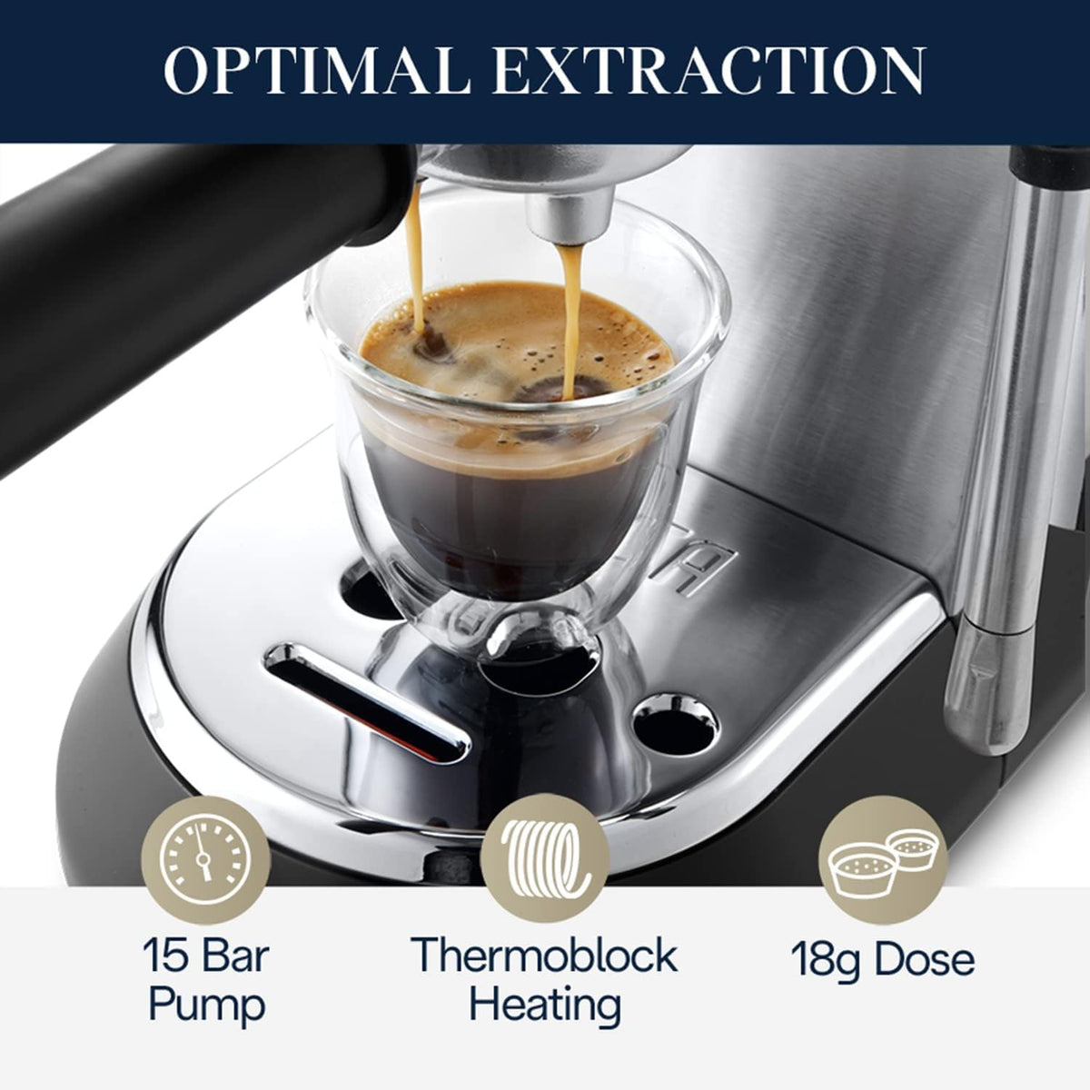 Espresso machine pouring coffee crema into a glass cup from twin spouts