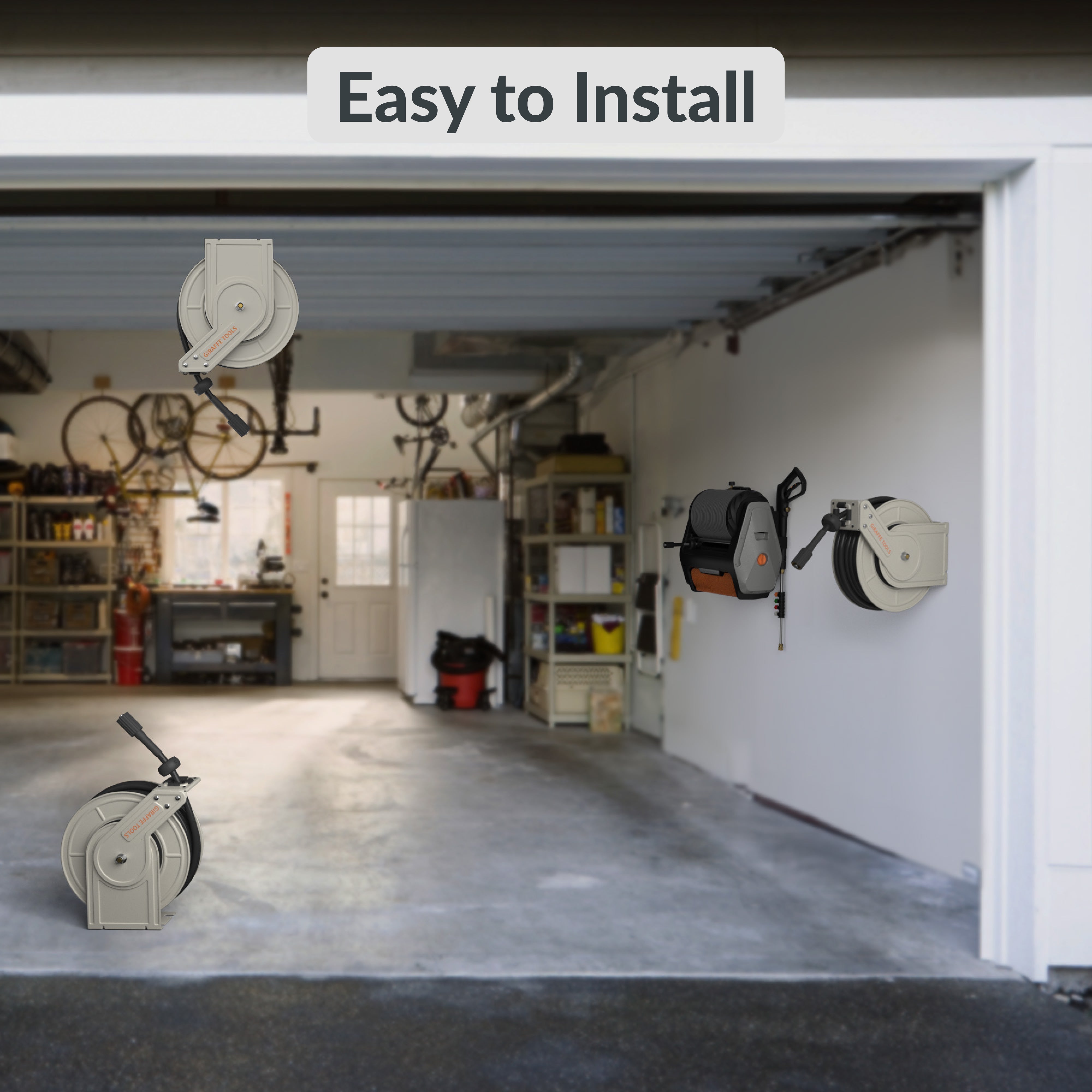 Retractable pressure hose reel installed in garage with coiled hose on wall bracket
