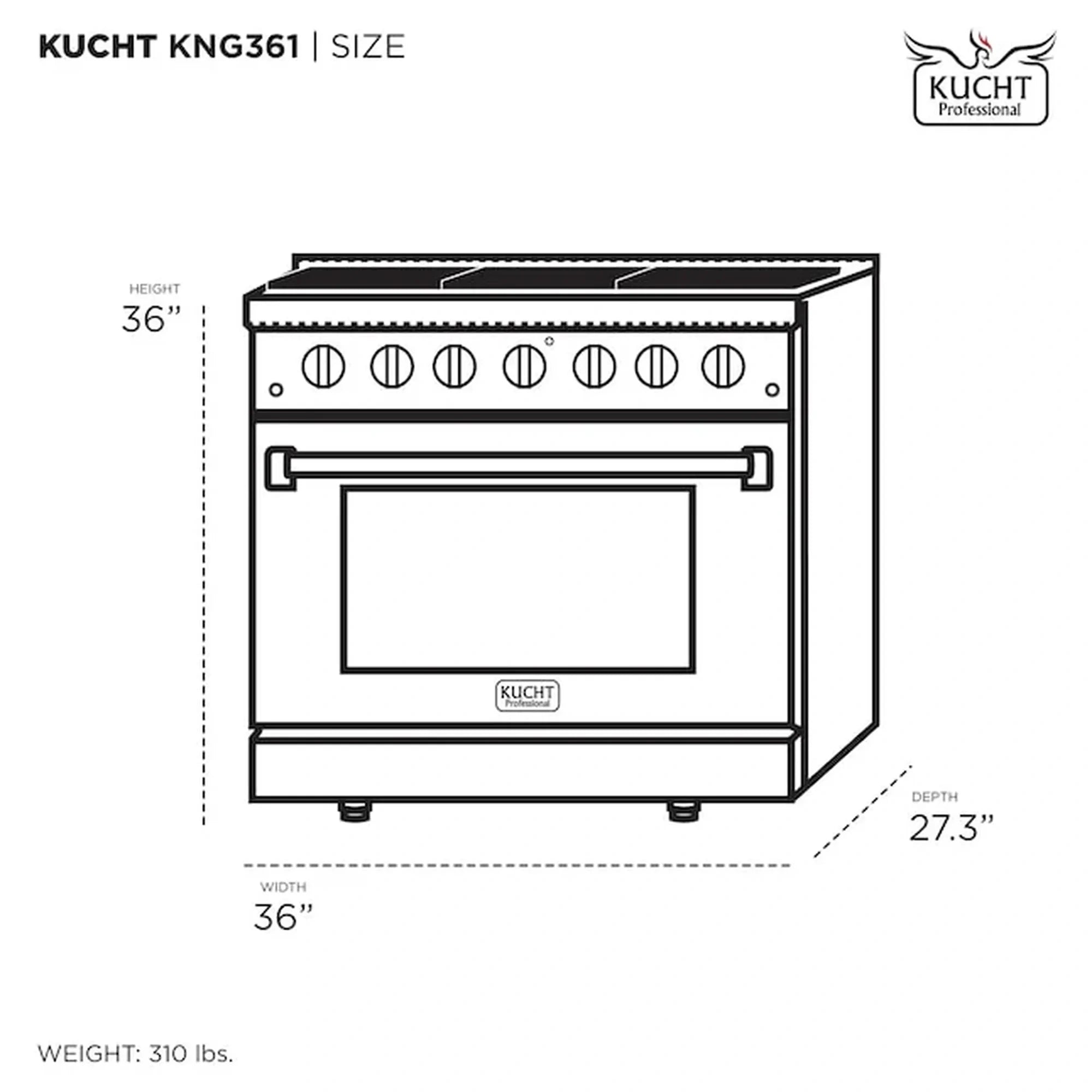 36-inch gas range size diagram with front view of knobs and oven
