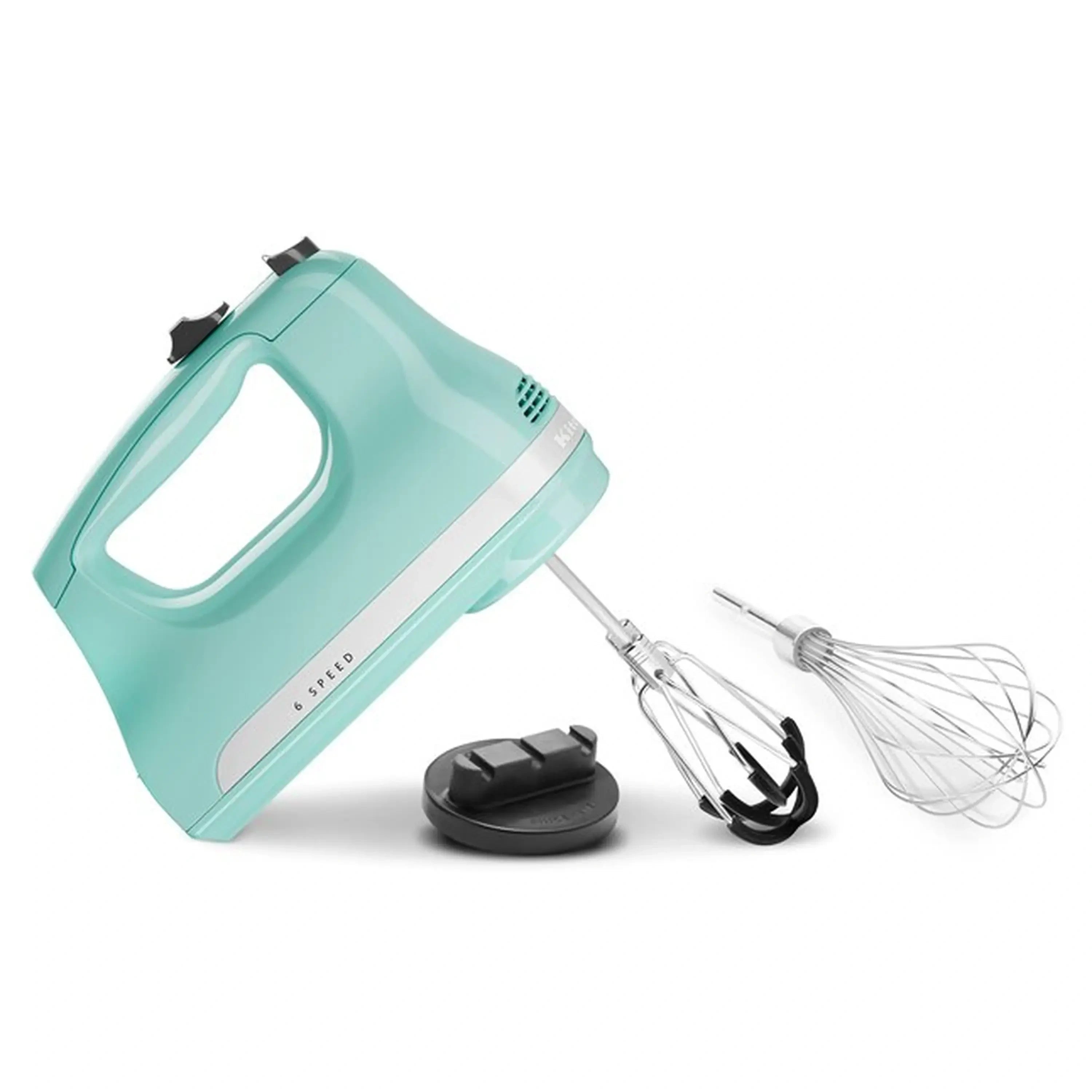 Ice blue hand mixer set with wire beaters and black stand/base