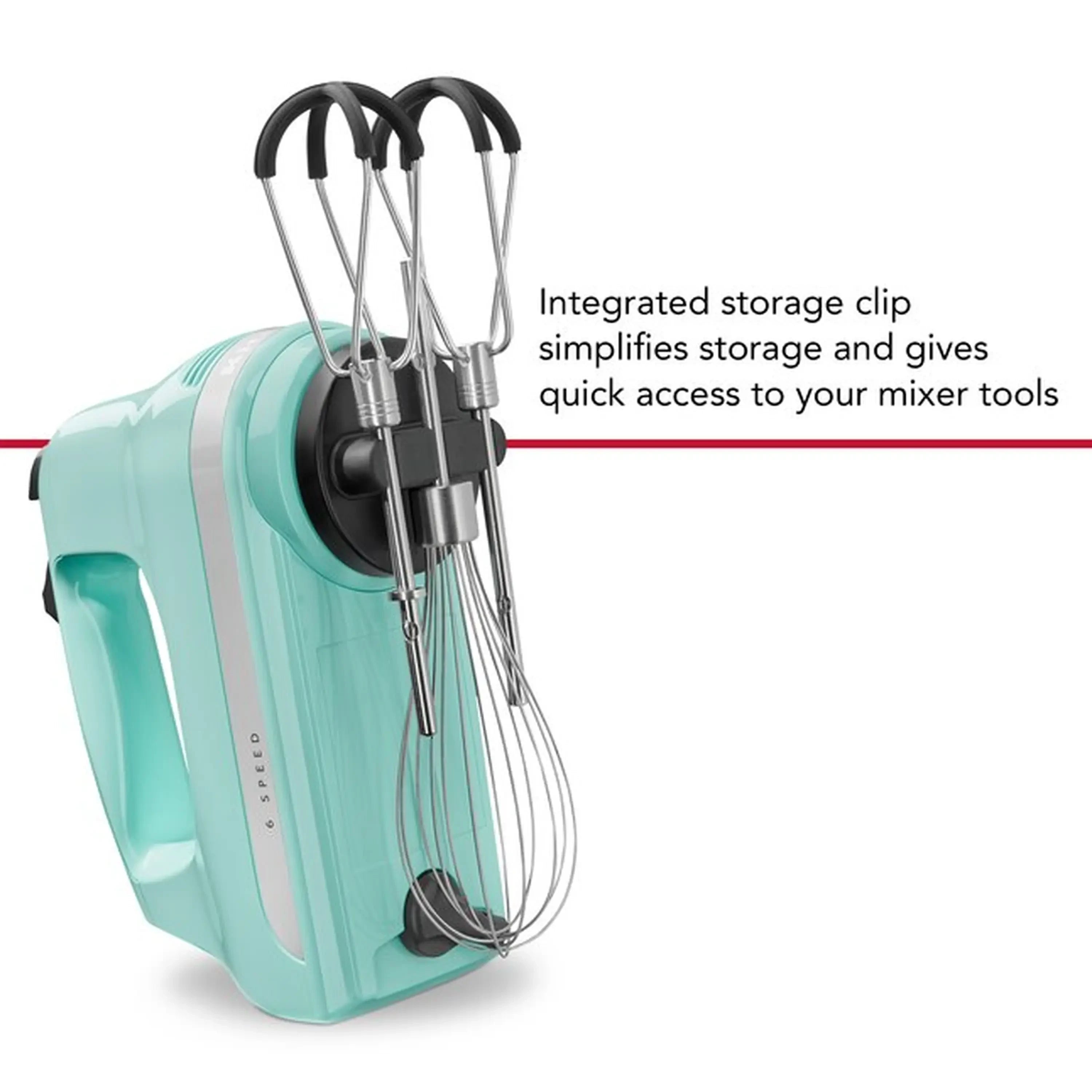 Ice blue handheld mixer with stainless beaters and storage clip on back