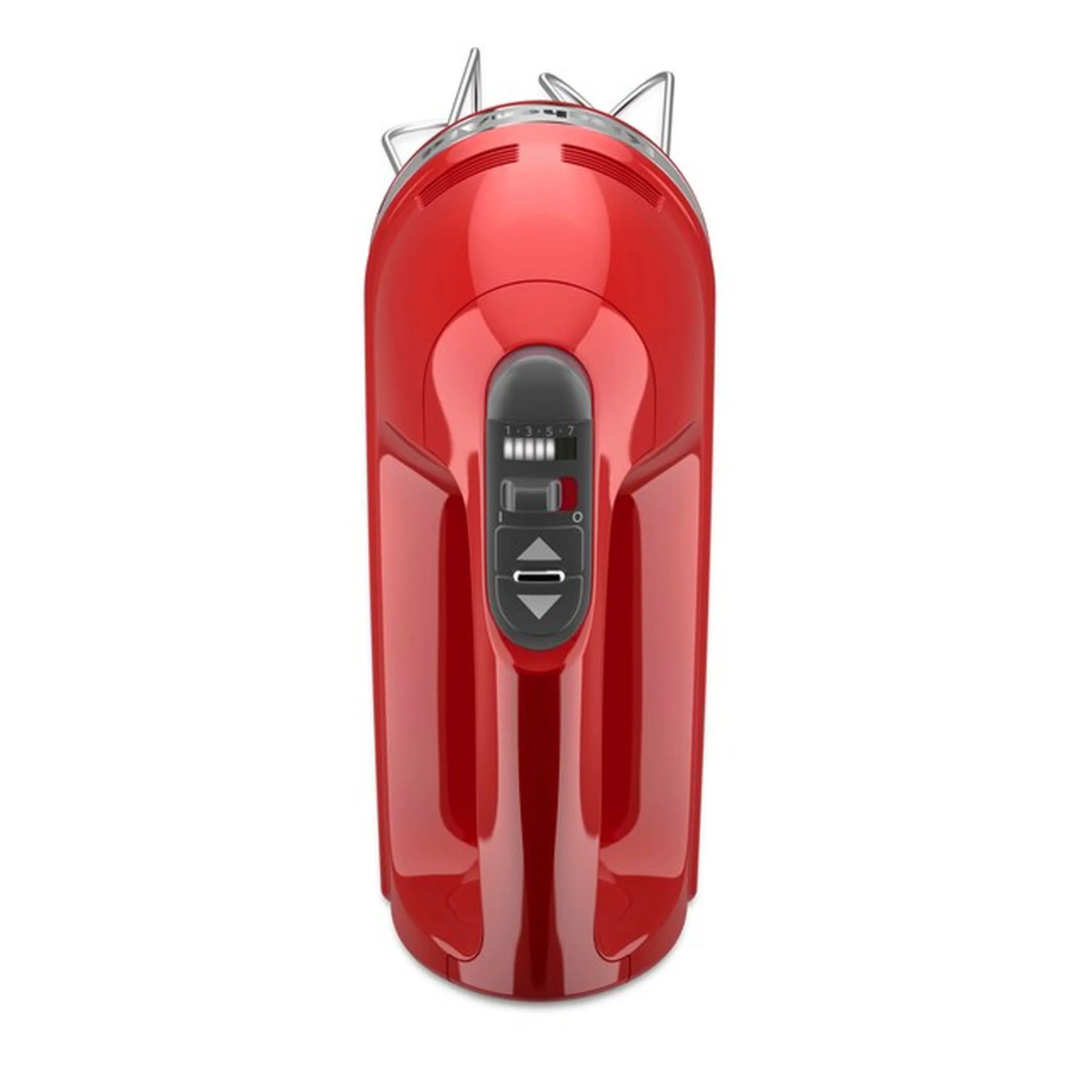 KitchenAid red hand mixer with control buttons and upright corded motor housing