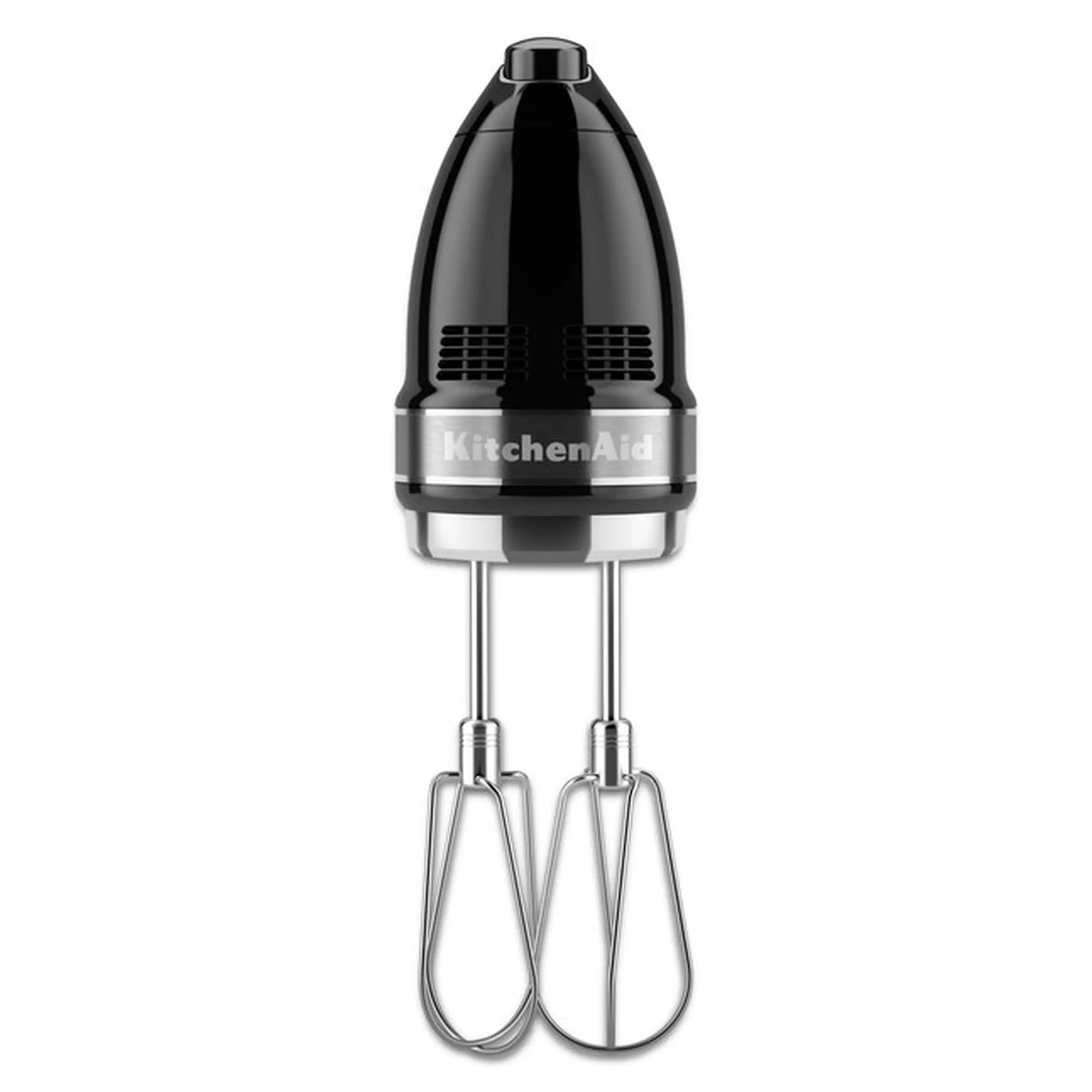 KitchenAid hand mixer with chrome beaters, black bell-shaped housing
