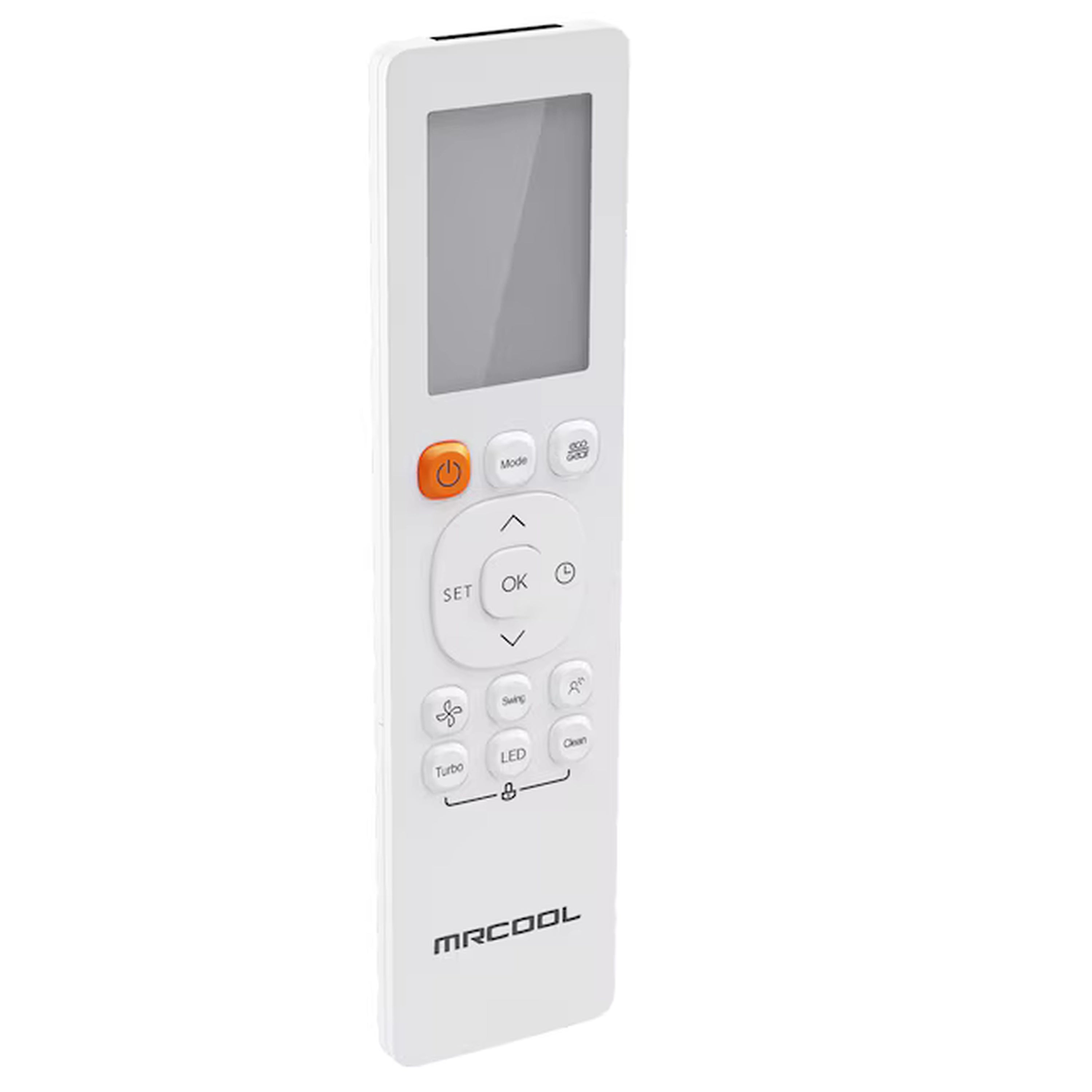 MRCOOL remote control front view, LCD display, orange button, and navigation buttons