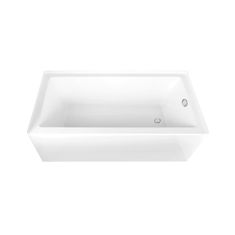 Glossy white acrylic rectangular alcove tub with chrome drain and overflow, right side