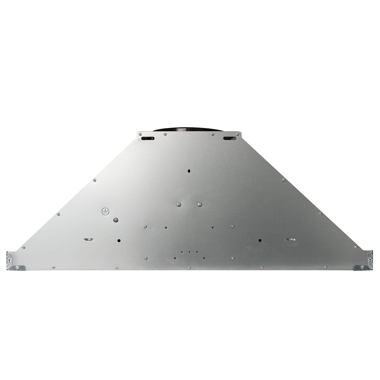 Stainless steel range hood canopy underside with mounting holes and brackets