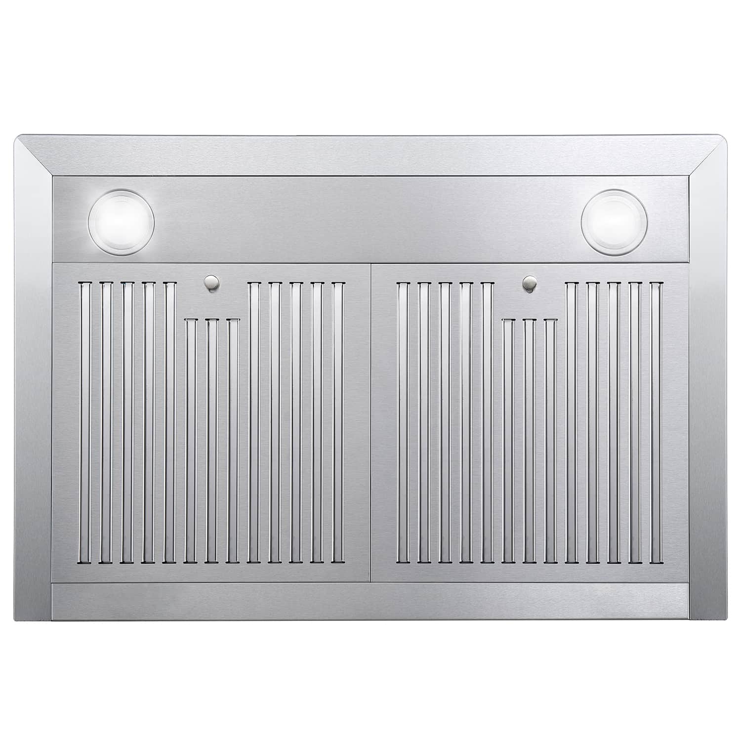Stainless steel ducted wall mount range hood with decorative vertical grille panels