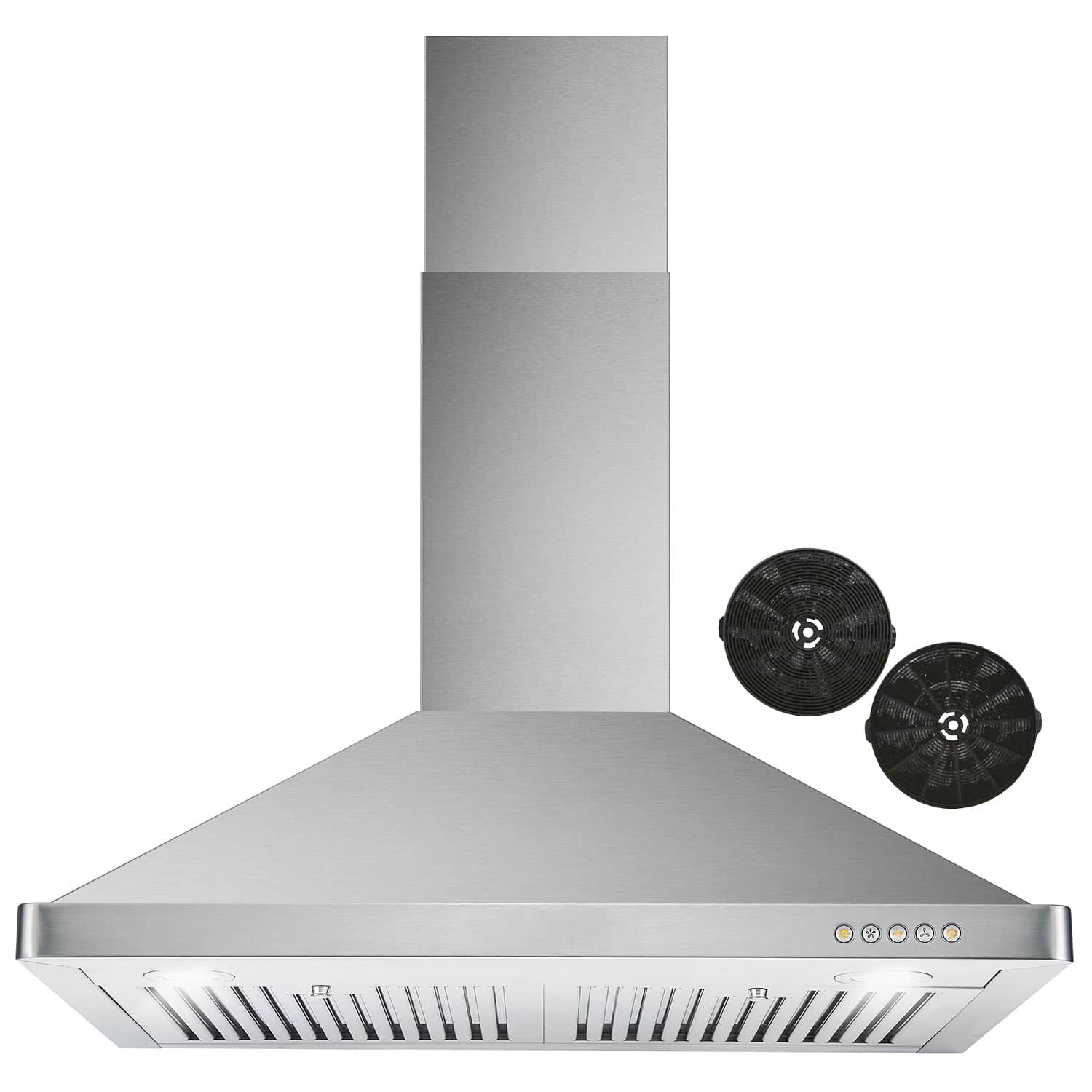 Stainless steel range hood with front vent grille and control lights on the chimney