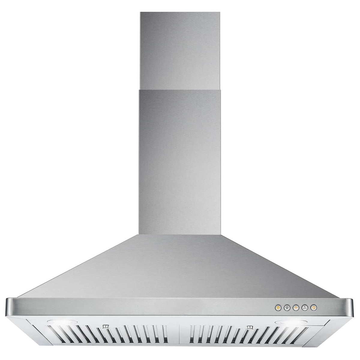 Stainless steel wall-mount range hood with front vent grille and control icons