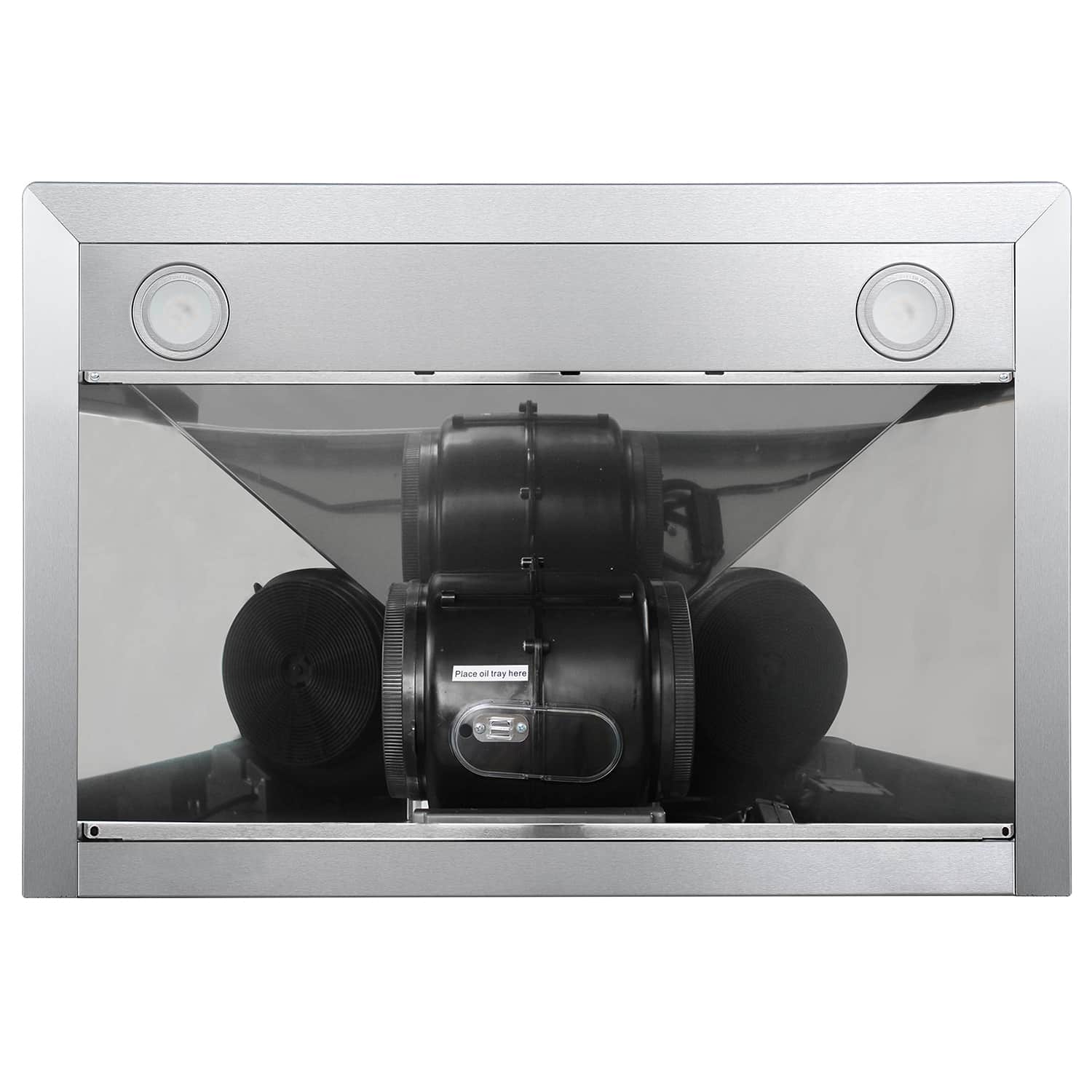 Stainless steel range hood interior with blower fan and back housing
