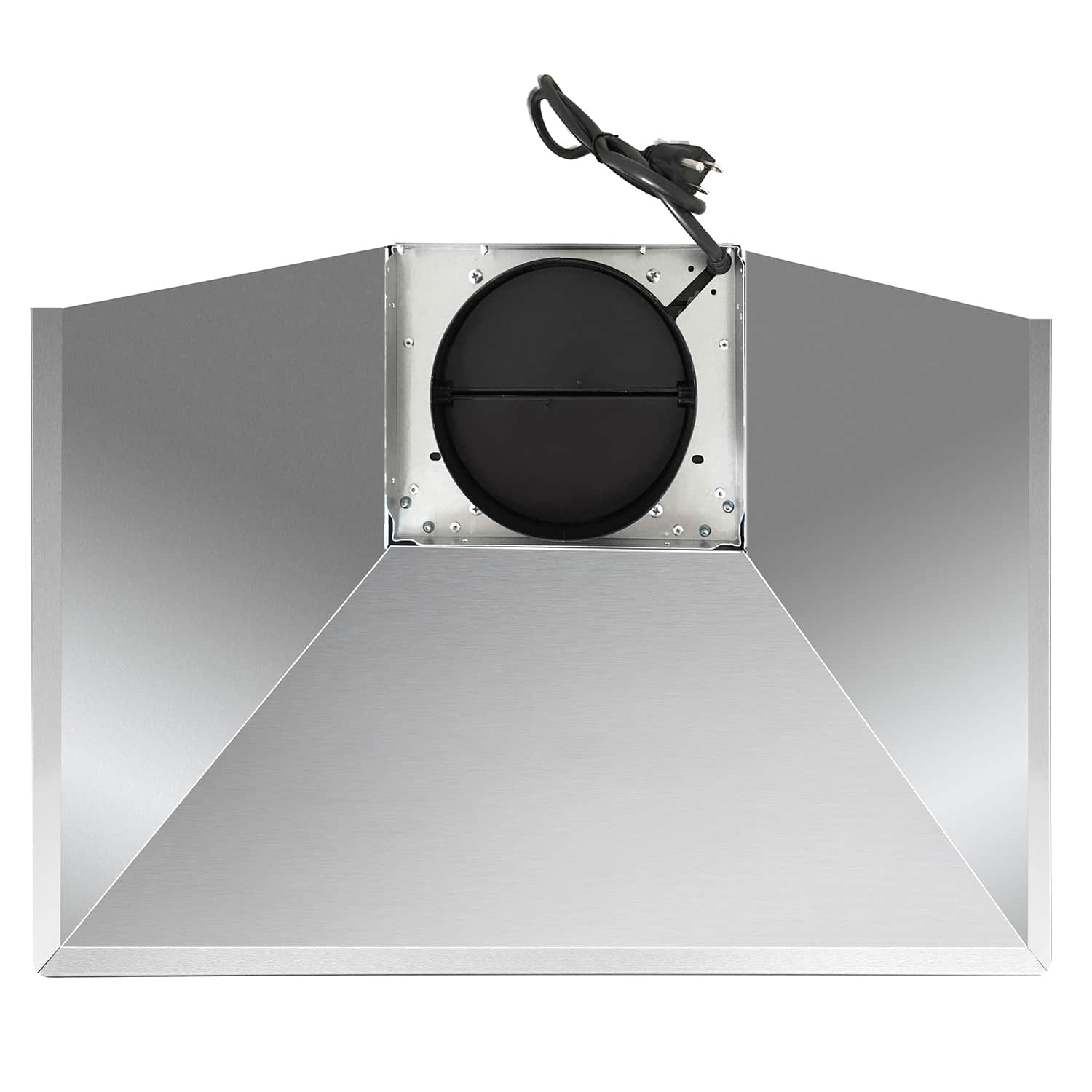 Range hood duct opening with inline blower housing and black fan cover