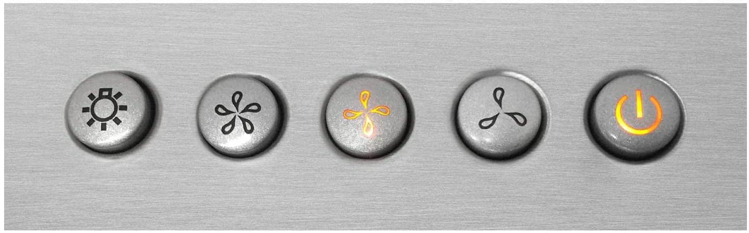Range hood control panel with five circular buttons and indicator lights