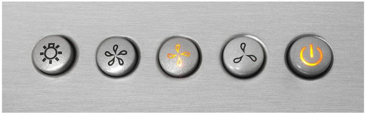 Stainless steel range hood control panel with five illuminated touch buttons