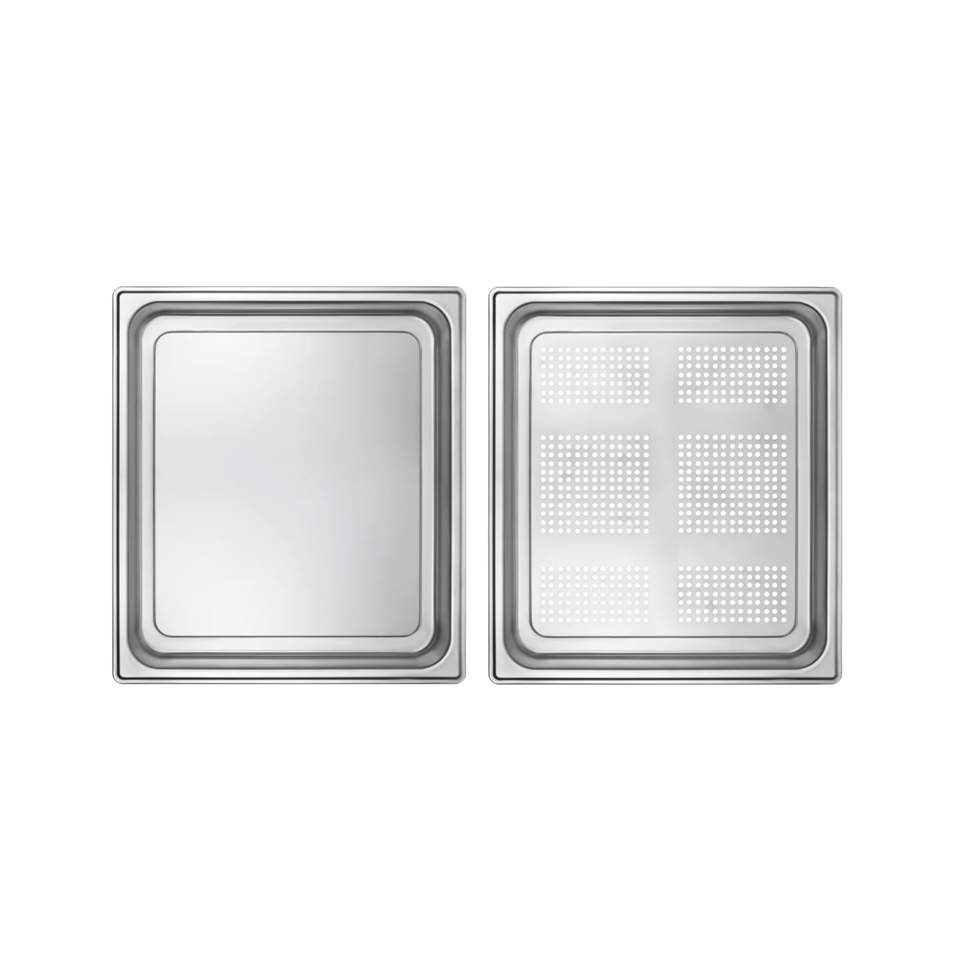 Stainless steel square tray with smooth insert and perforated grilling insert