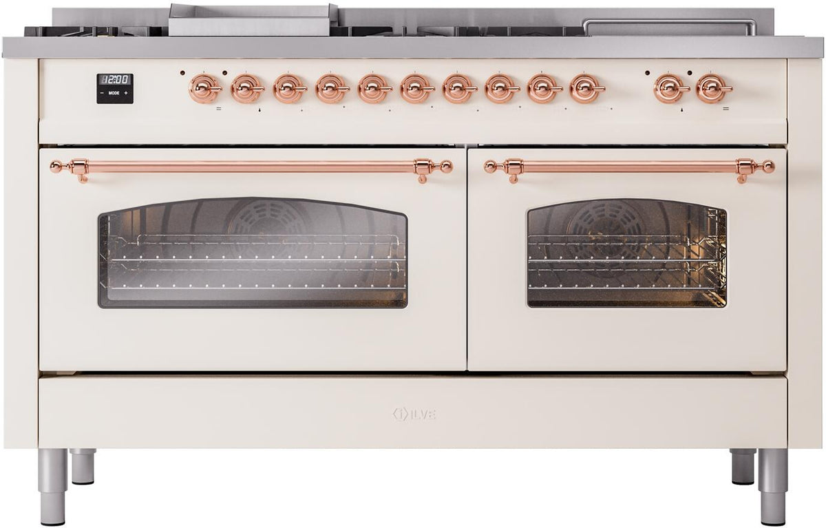 Antique white dual fuel range with copper control knobs and clear oven windows