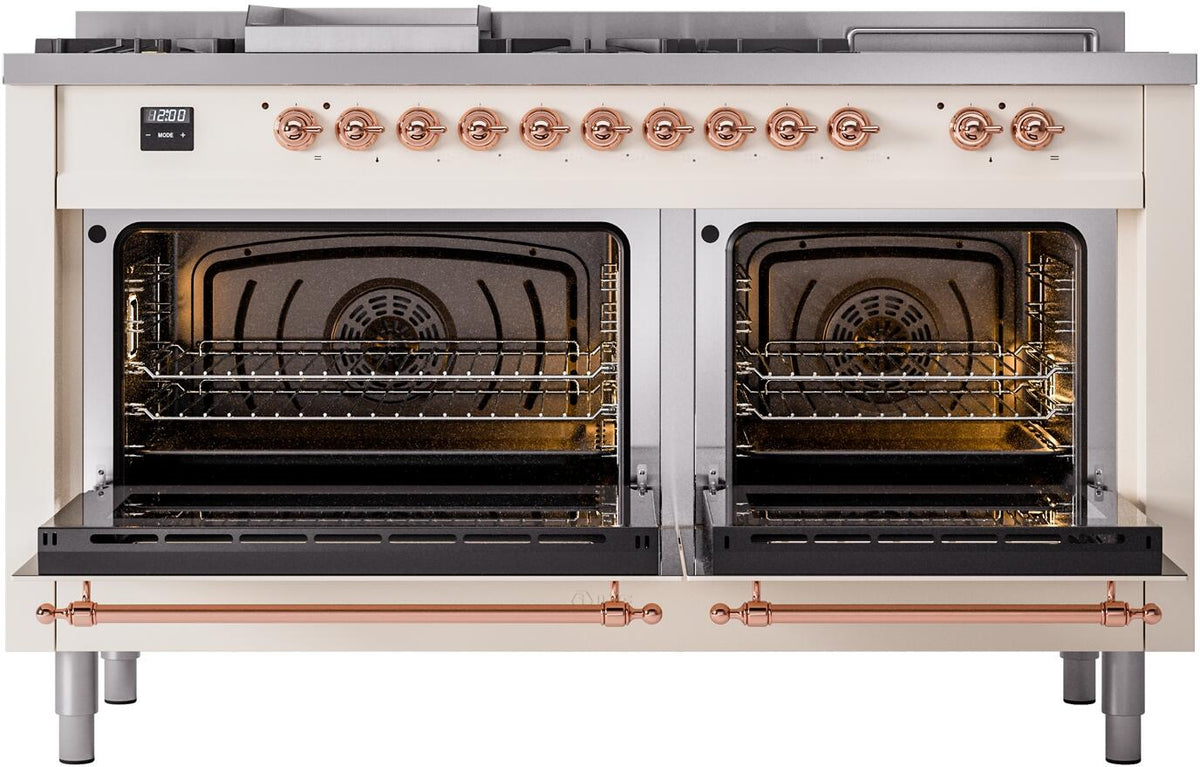 Antique white dual fuel range with twin ovens open, showing racks and heating elements