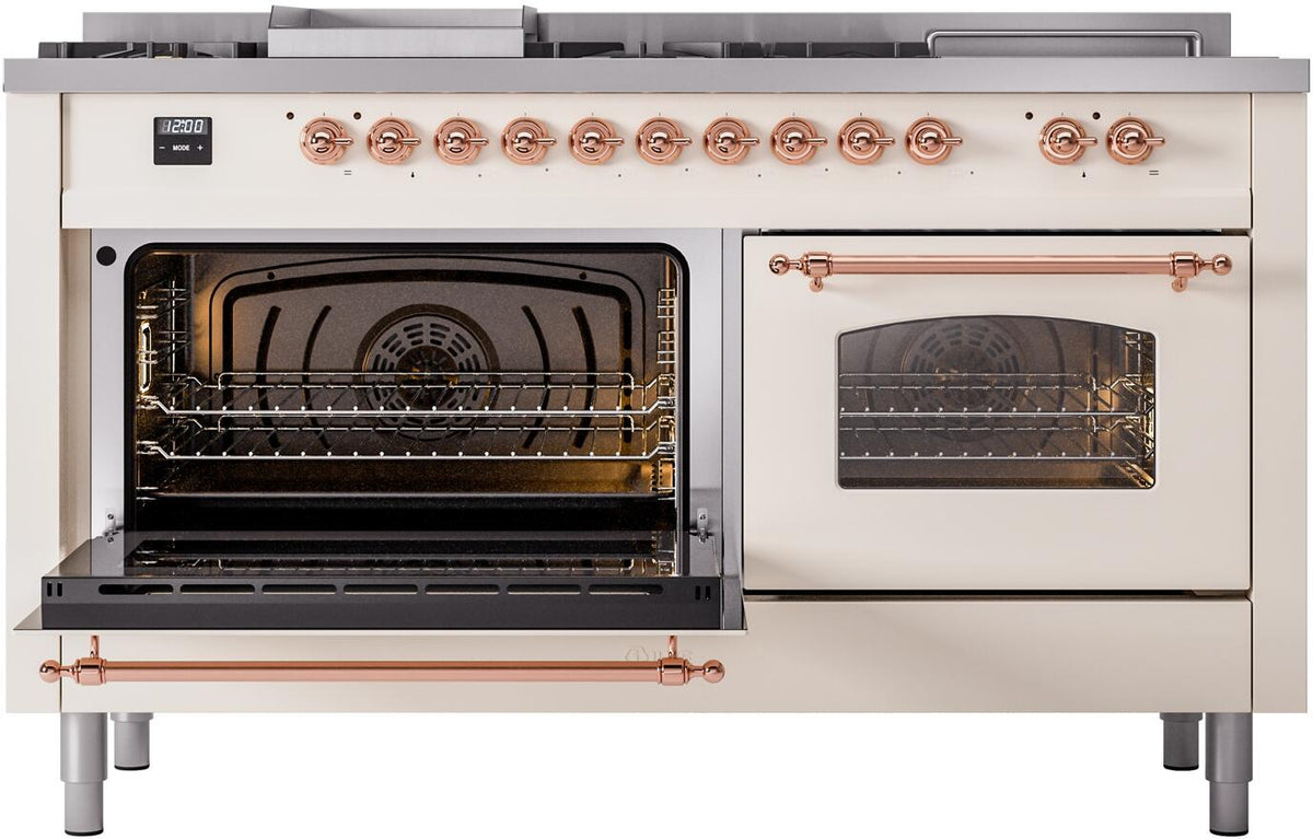 Antique white dual fuel range with left oven open and right oven door closed