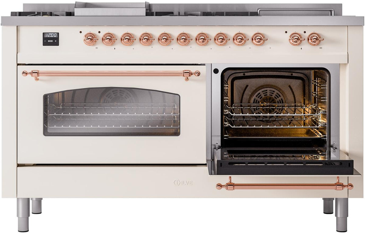 Antique white range with copper handles; right oven open, left oven door closed