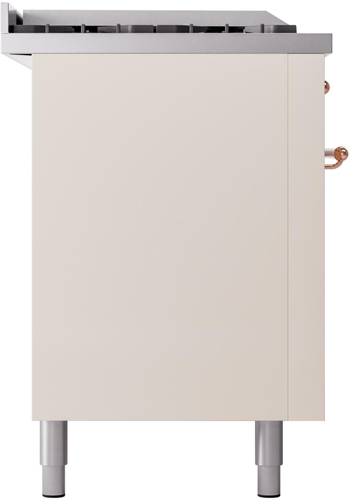 Antique white cabinet end panel with adjustable legs under a propane range