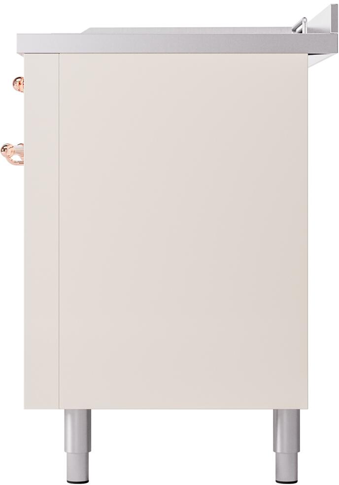 Antique white range cabinet side with copper knob detail and four leveling legs