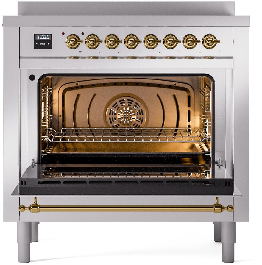 Stainless oven interior with wire rack and brass-trim door handle