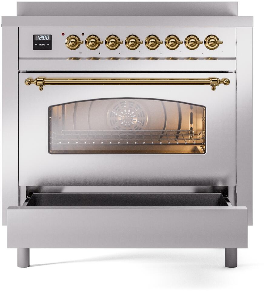 Stainless induction range with open oven door and brass-trim handle
