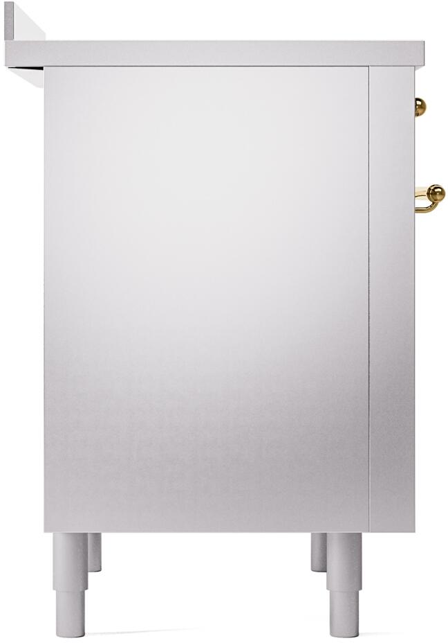 Stainless side panel and legs of an induction range with brass-trim detail