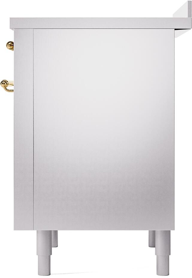 Stainless side/back panel of induction range with brass handle and feet