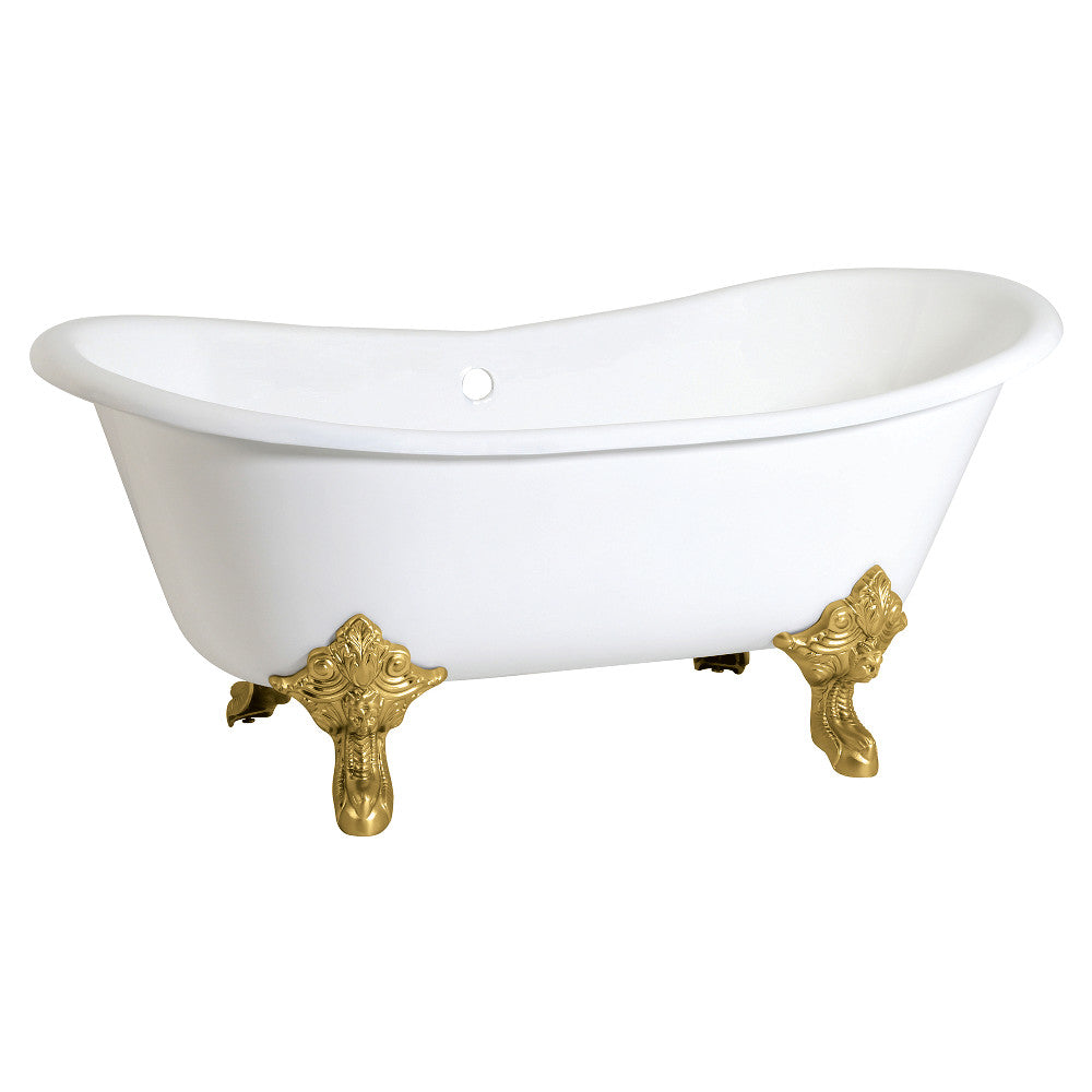 White oval slipper clawfoot cast iron bathtub with brushed brass decorative feet