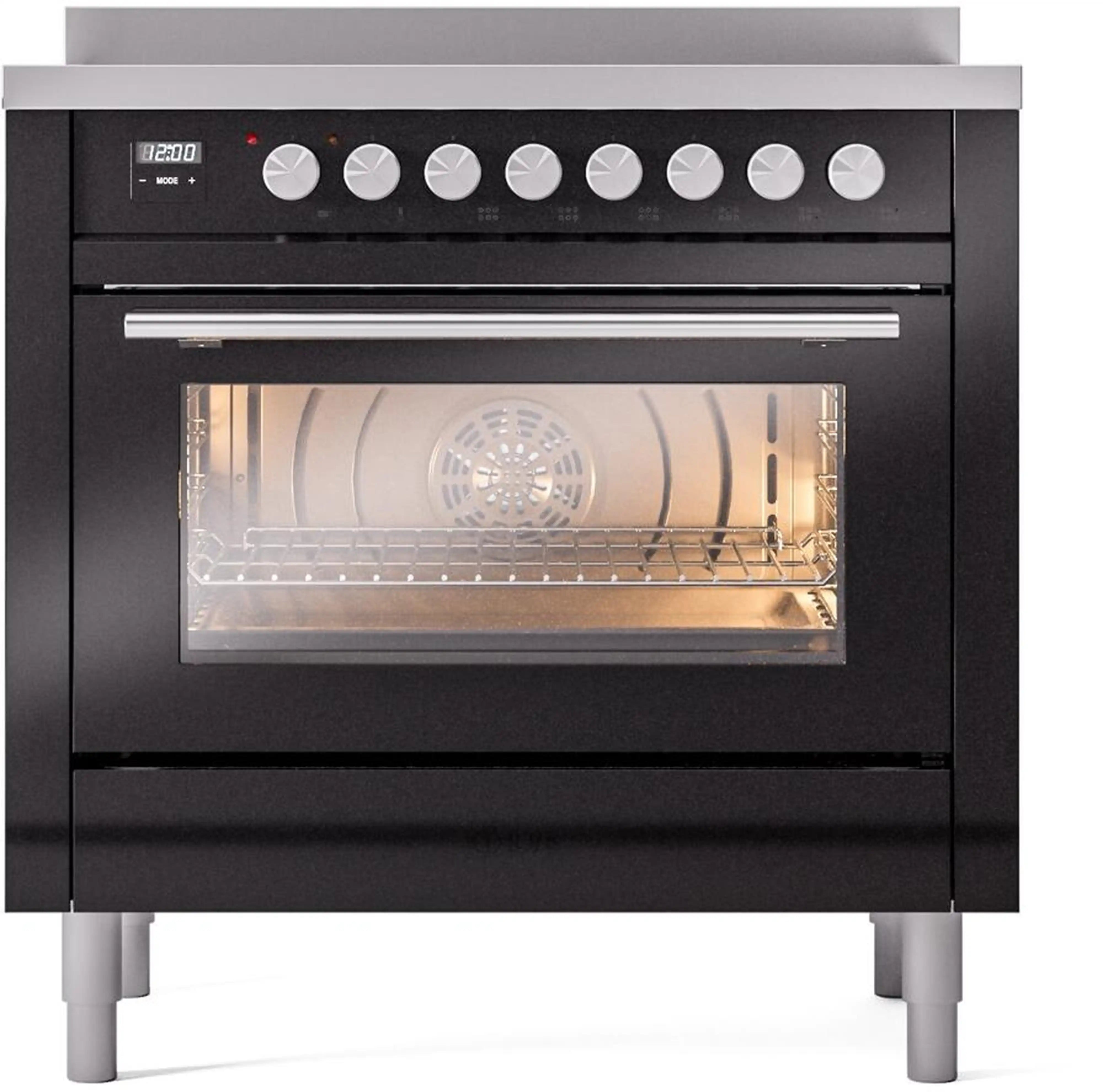 Glossy black induction range front view with oven window and open heated interior