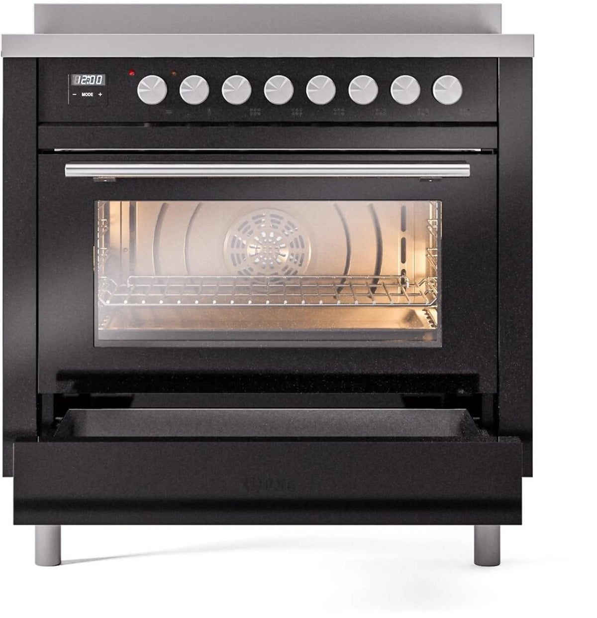 Black induction range with oven door open and warm-lit interior heating elements
