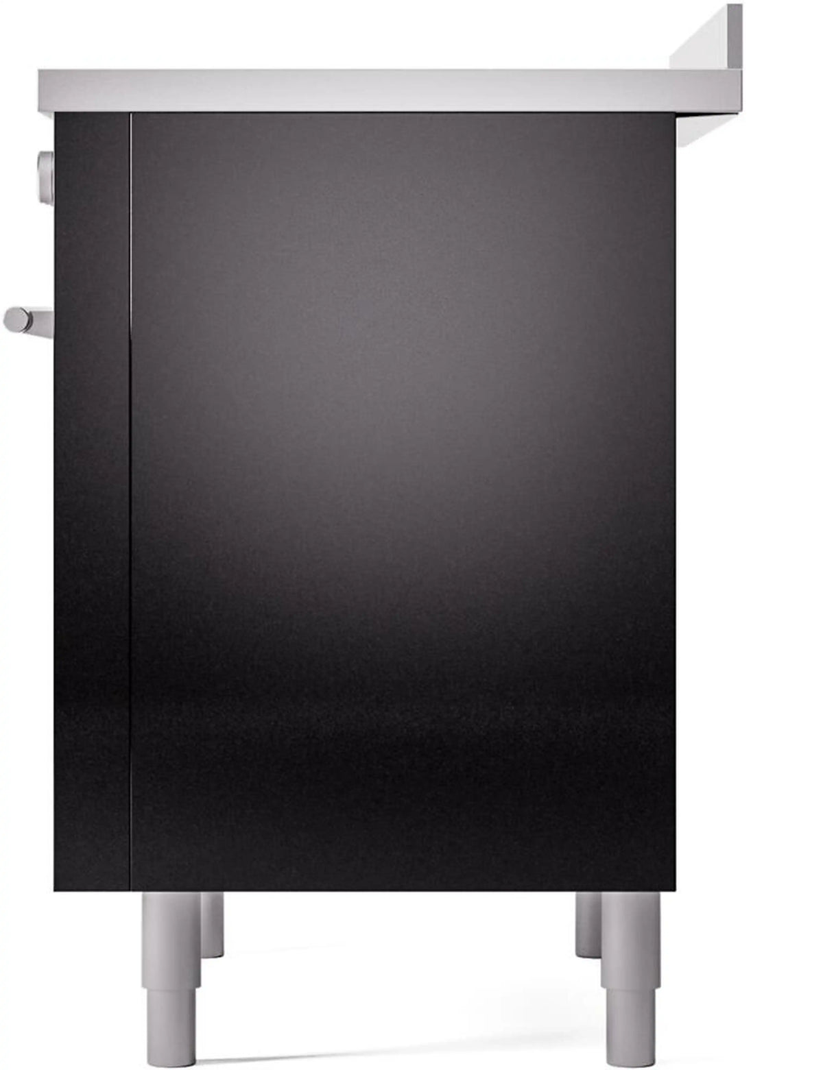 Induction range rear panel in glossy black with stainless top and four leveling feet