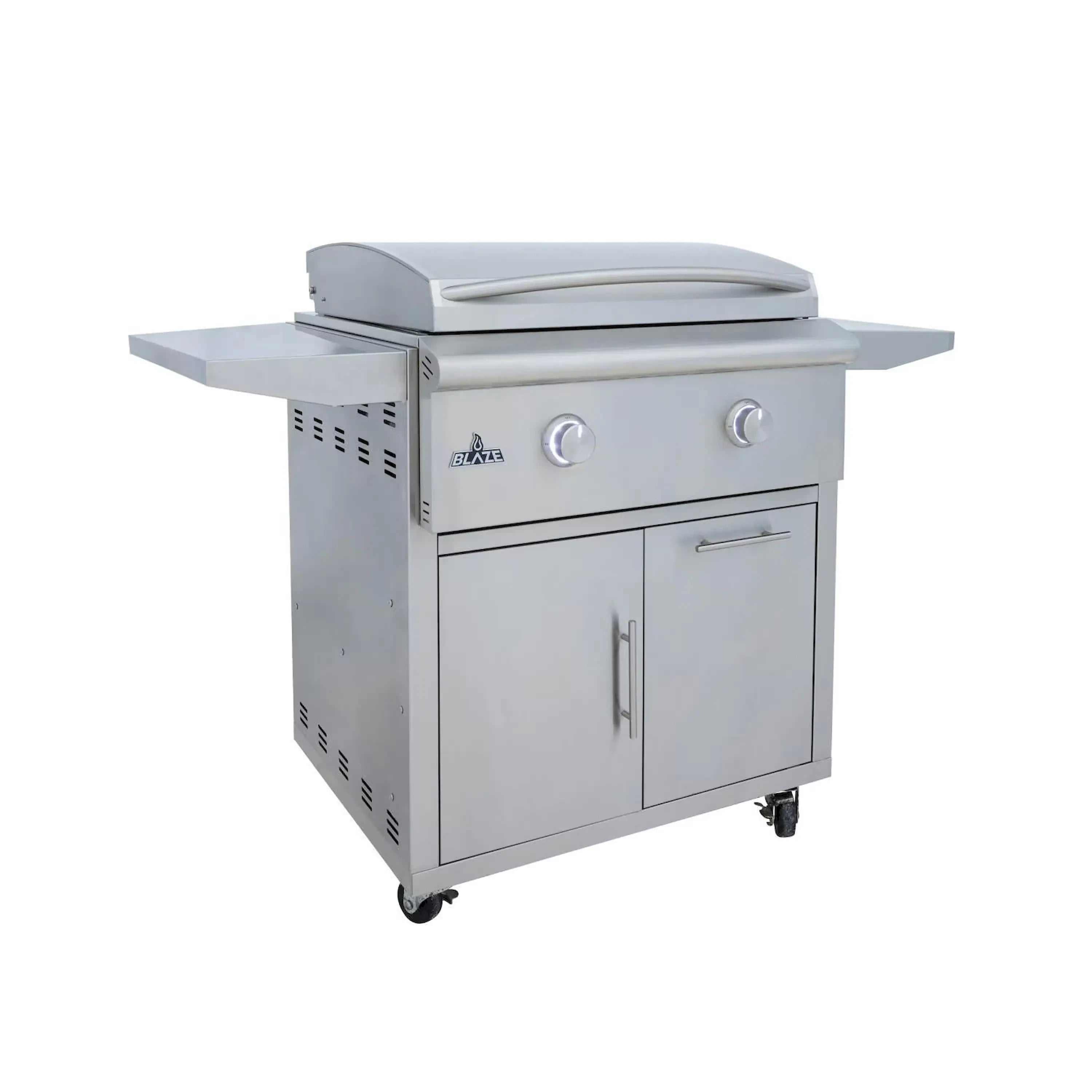 Freestanding stainless steel gas grill with lid, side shelves, and cabinet doors