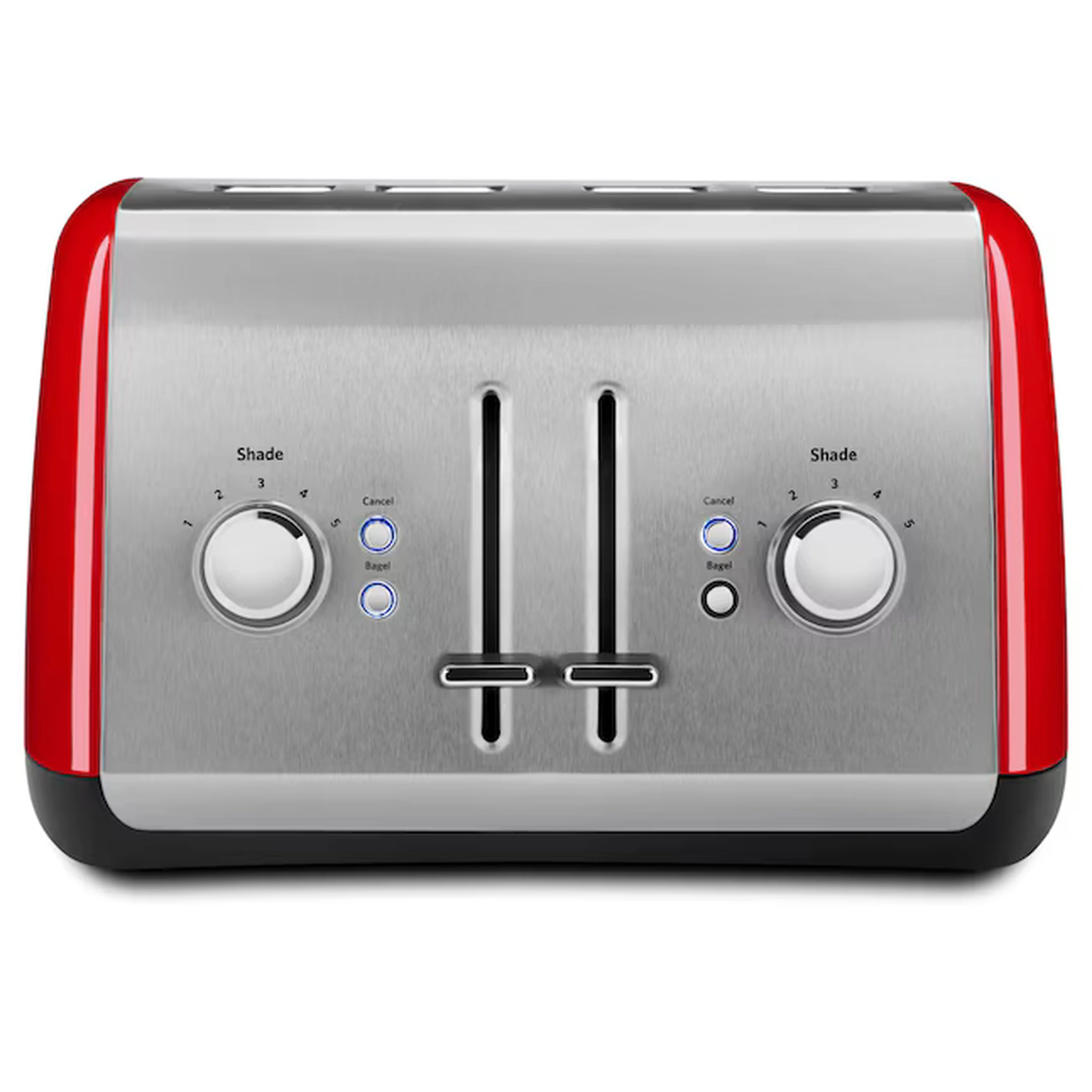 4-slice toaster front control panel with two shade dials and central lever, Empire Red and silver